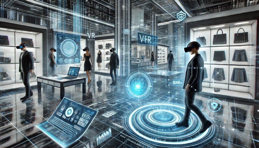 People shopping in a futuristic virtual reality (VR) store using advanced digital interfaces and blockchain technology in the metaverse.