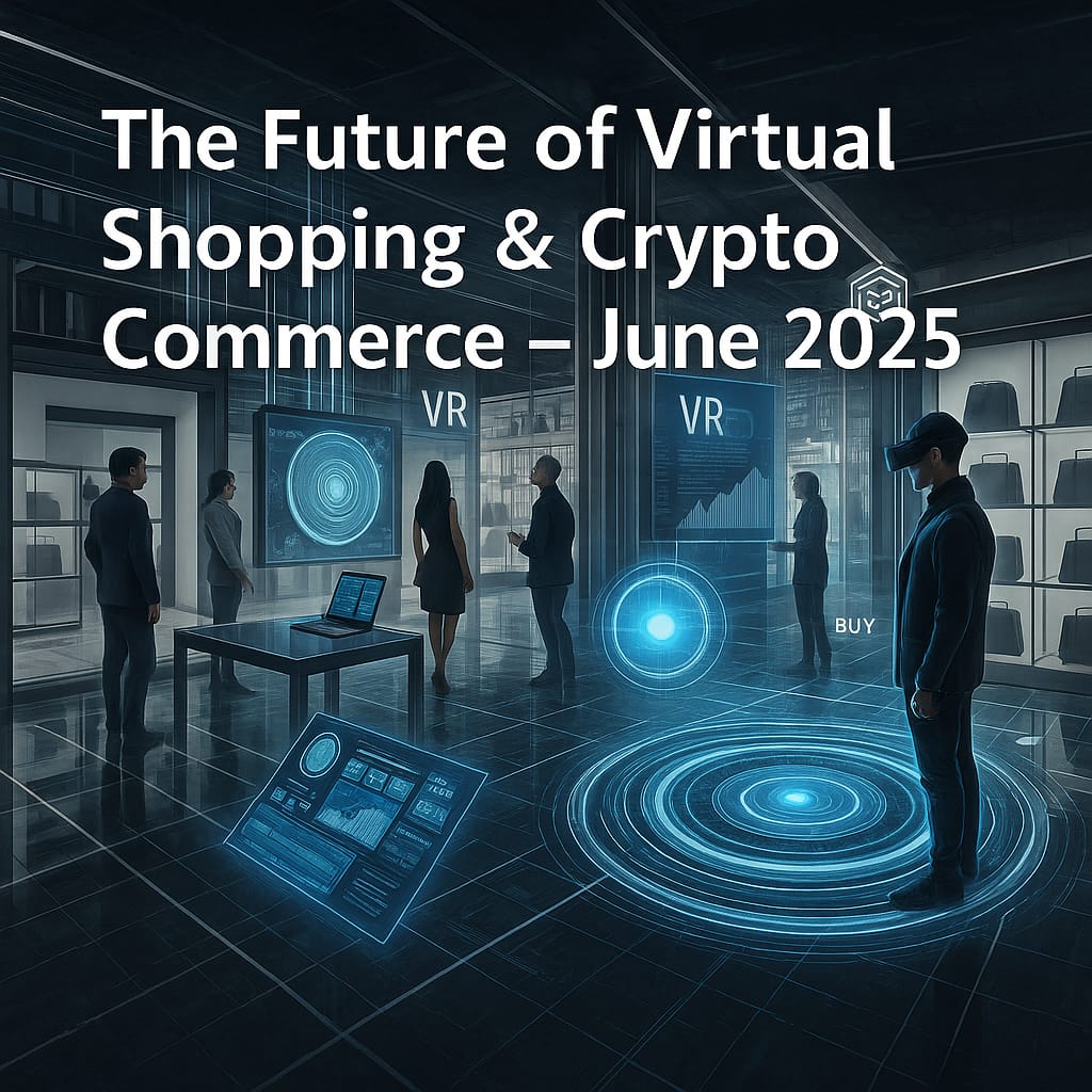 Futuristic digital artwork depicting the future of virtual reality shopping and crypto commerce in 2025.